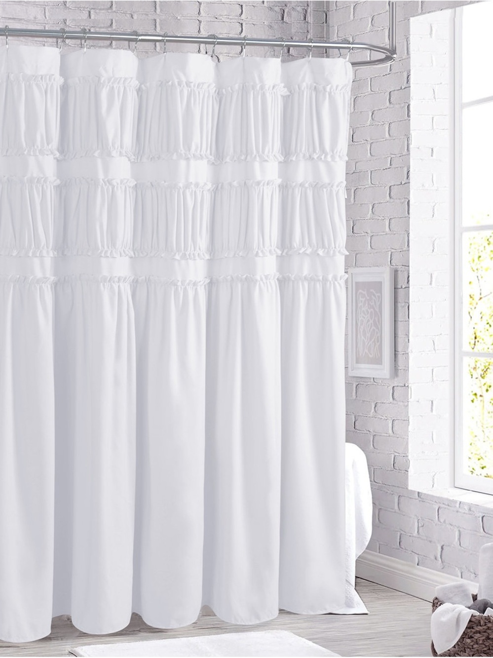 Winston Porter White Ruffled Shower Curtain - Layered Fabric Design